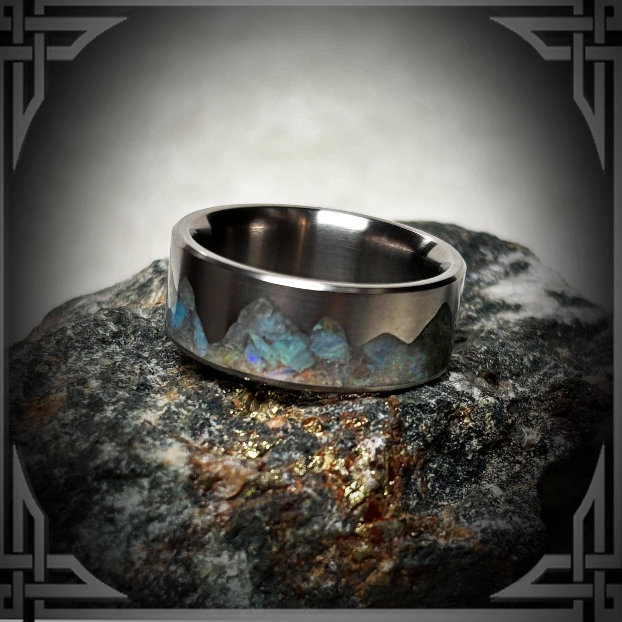 Australian Opal Titanium Ring, Mountain Inlay, Handmade Band