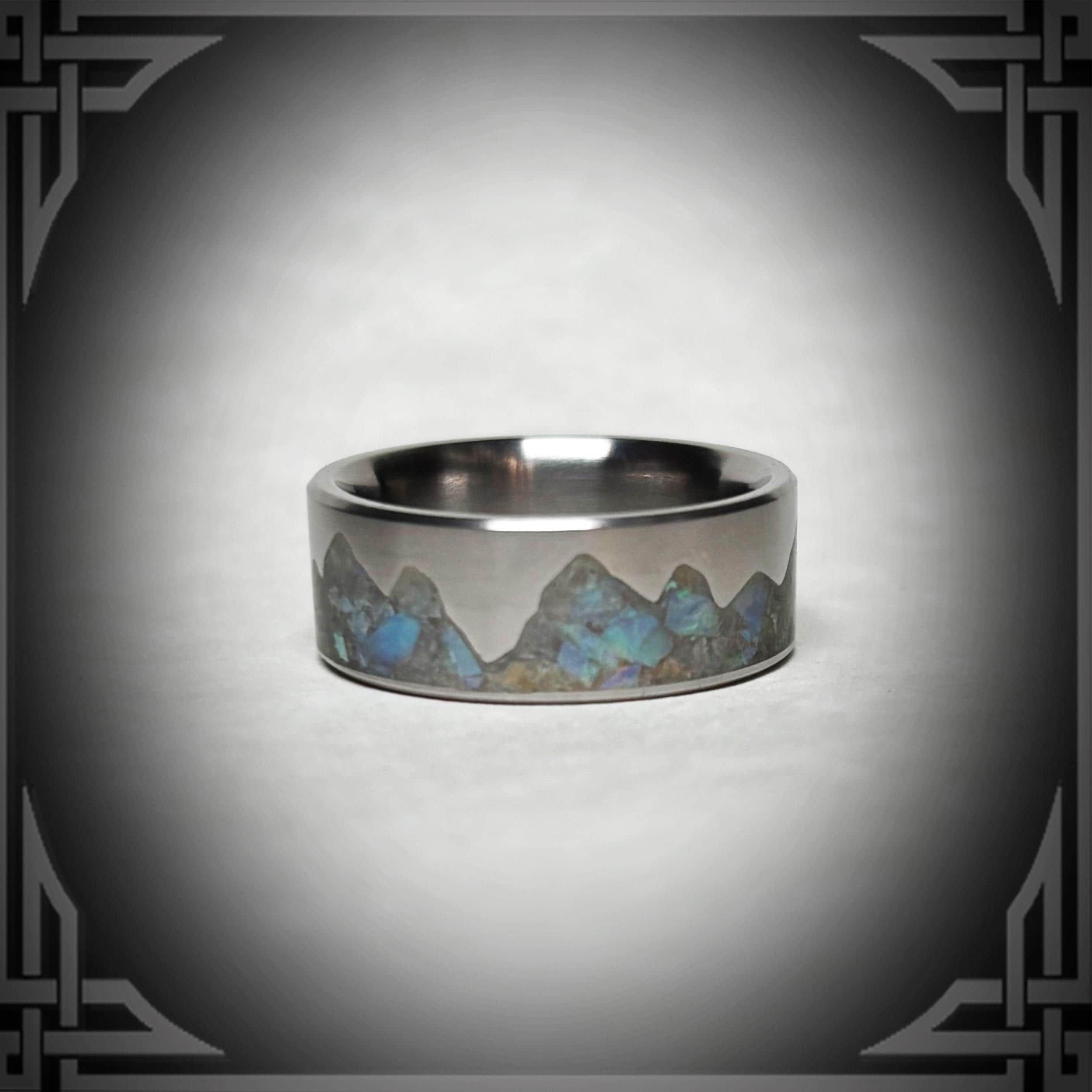 Australian Opal Titanium Ring, Mountain Inlay, Handmade Band