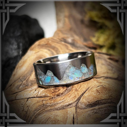 Australian Opal Titanium Ring, Mountain Inlay, Handmade Band