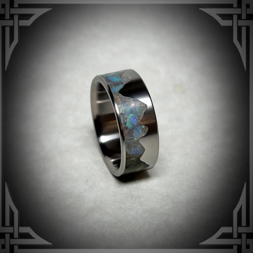 Australian Opal Titanium Ring, Mountain Inlay, Handmade Band