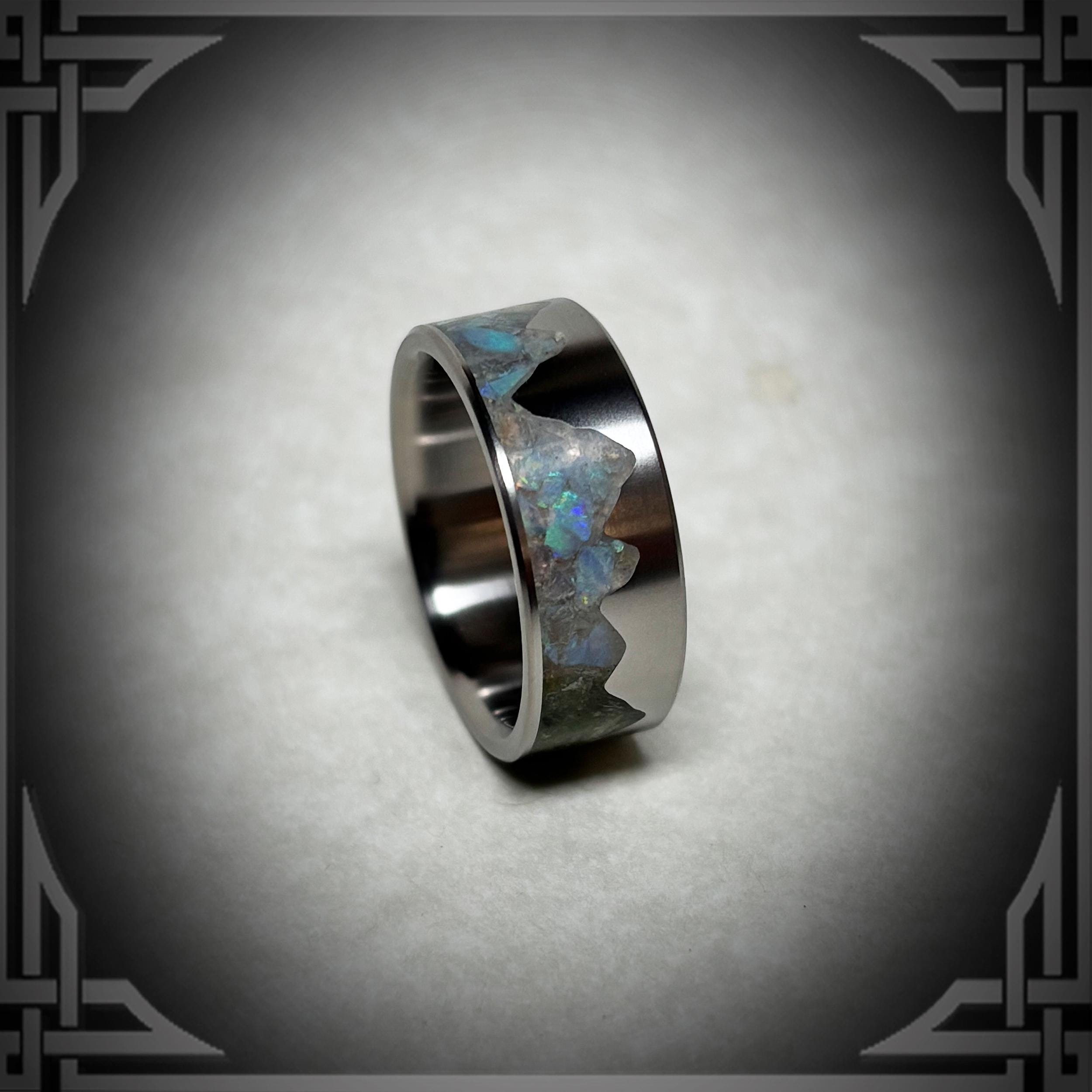 Australian Opal Titanium Ring, Mountain Inlay, Handmade Band